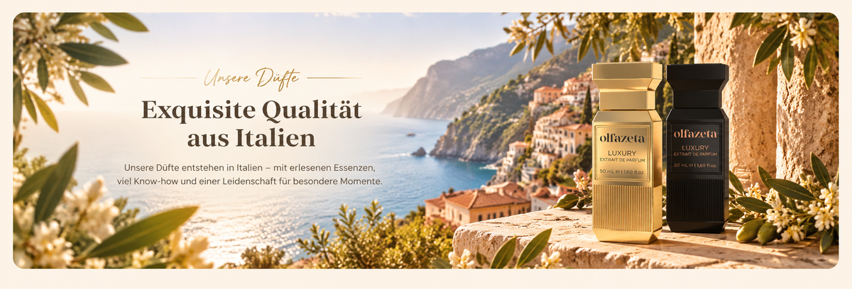 Italienisches Küstenpanorama mit originalgetreuen schwarzen und goldenen Olfazeta Luxury Flakons